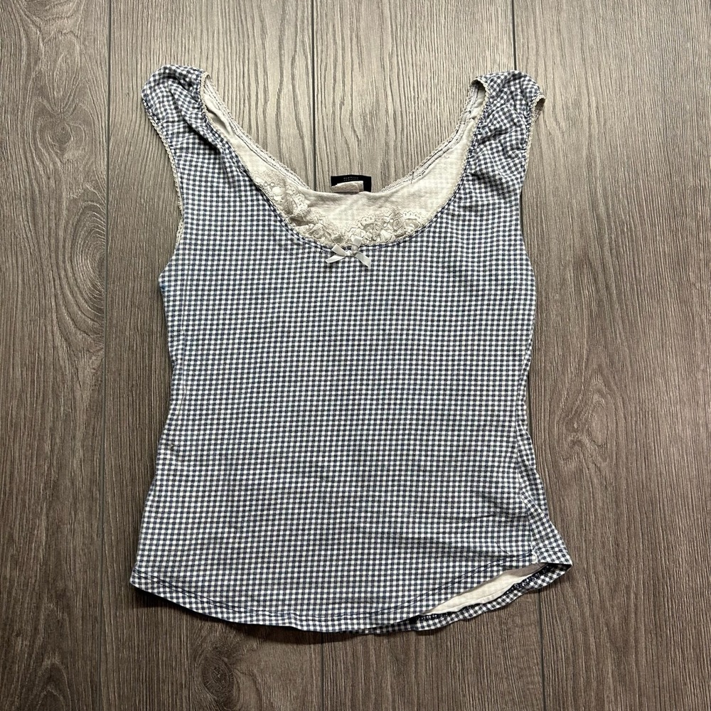 Seduction Y2K Blue Gingham Lace Trim Bow Tank Top Sleeveless S/P Made in USA
